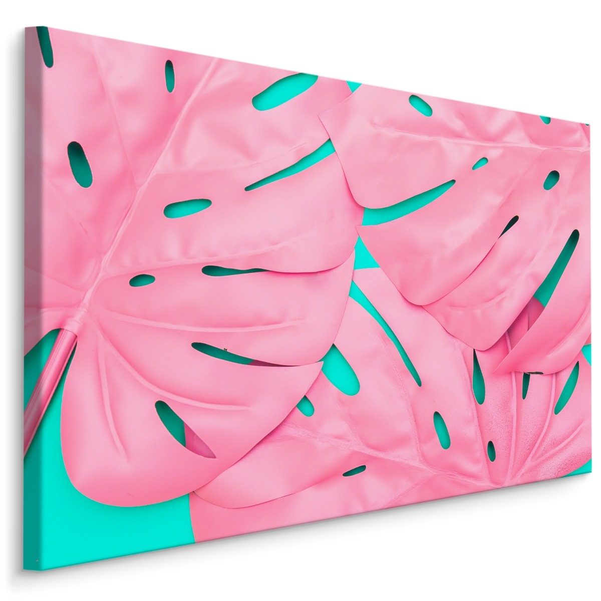 Schilderij - Roze Monstera Blad, Premium Print, roze/groen afbeelding