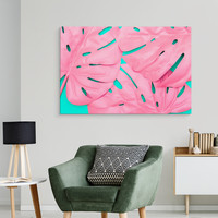 Schilderij - Roze Monstera Blad, Premium Print, roze/groen