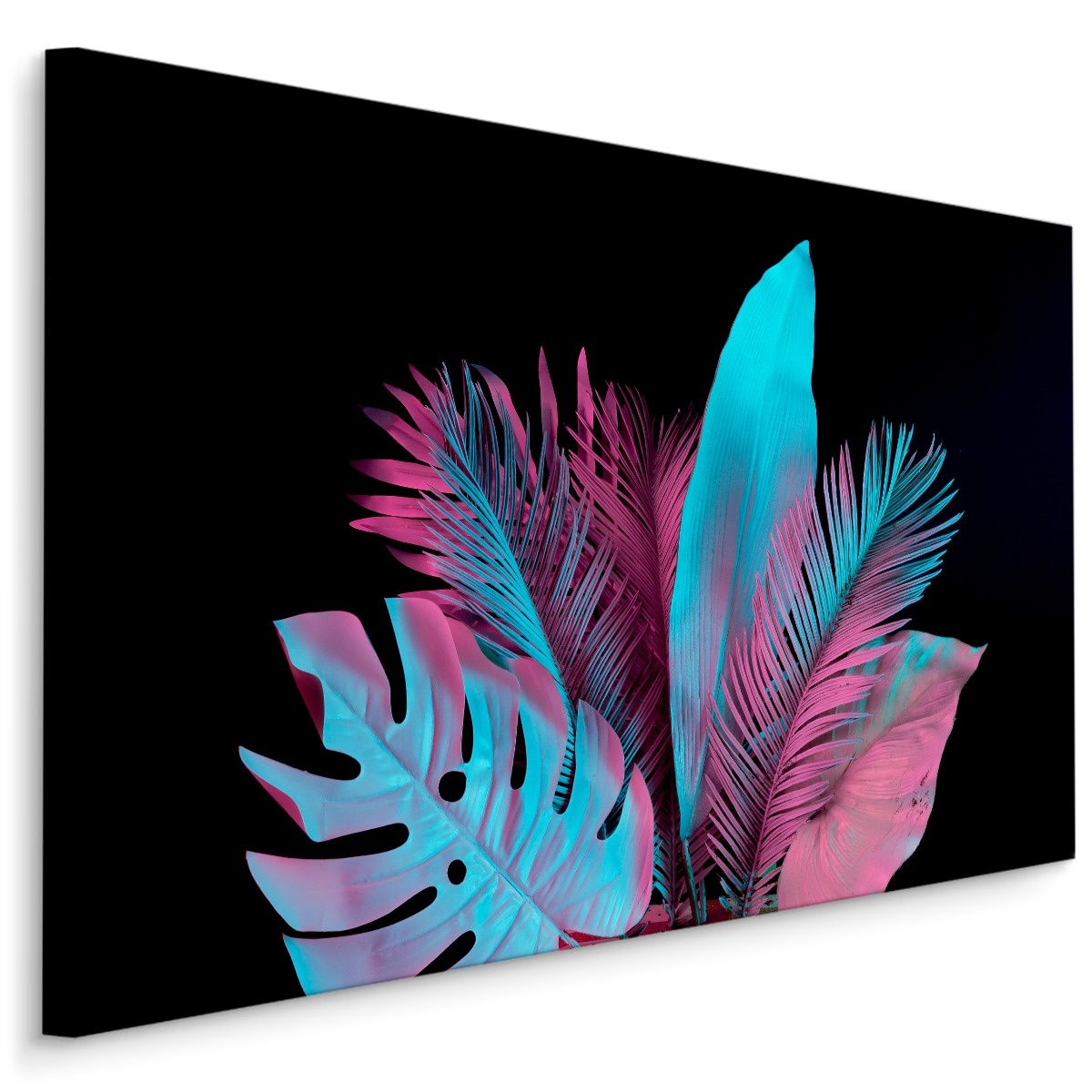 Schilderij - Bladeren in Neon kleuren op zwarte achtergrond, 5 maten afbeelding