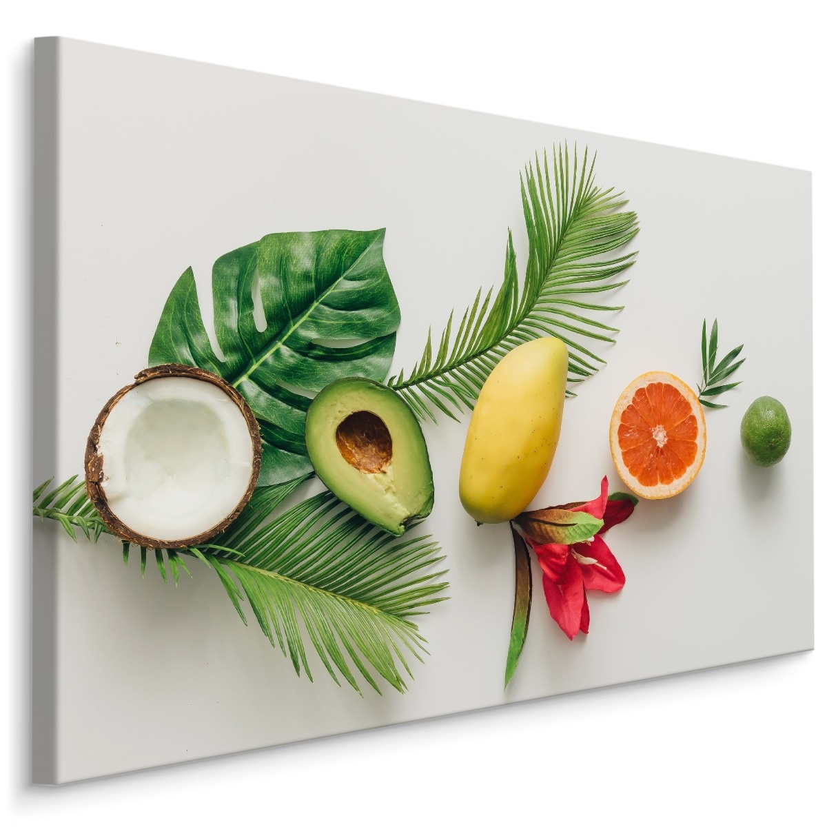 Schilderij - Kleurrijke fruit en palmbladeren, premium print afbeelding