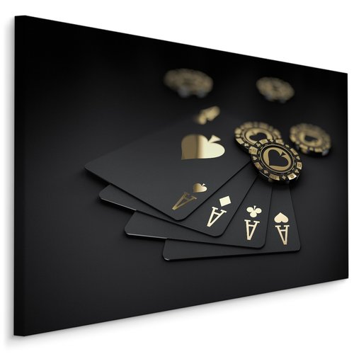 Schilderij - Zwart gouden speelkaarten en fiches, premium print