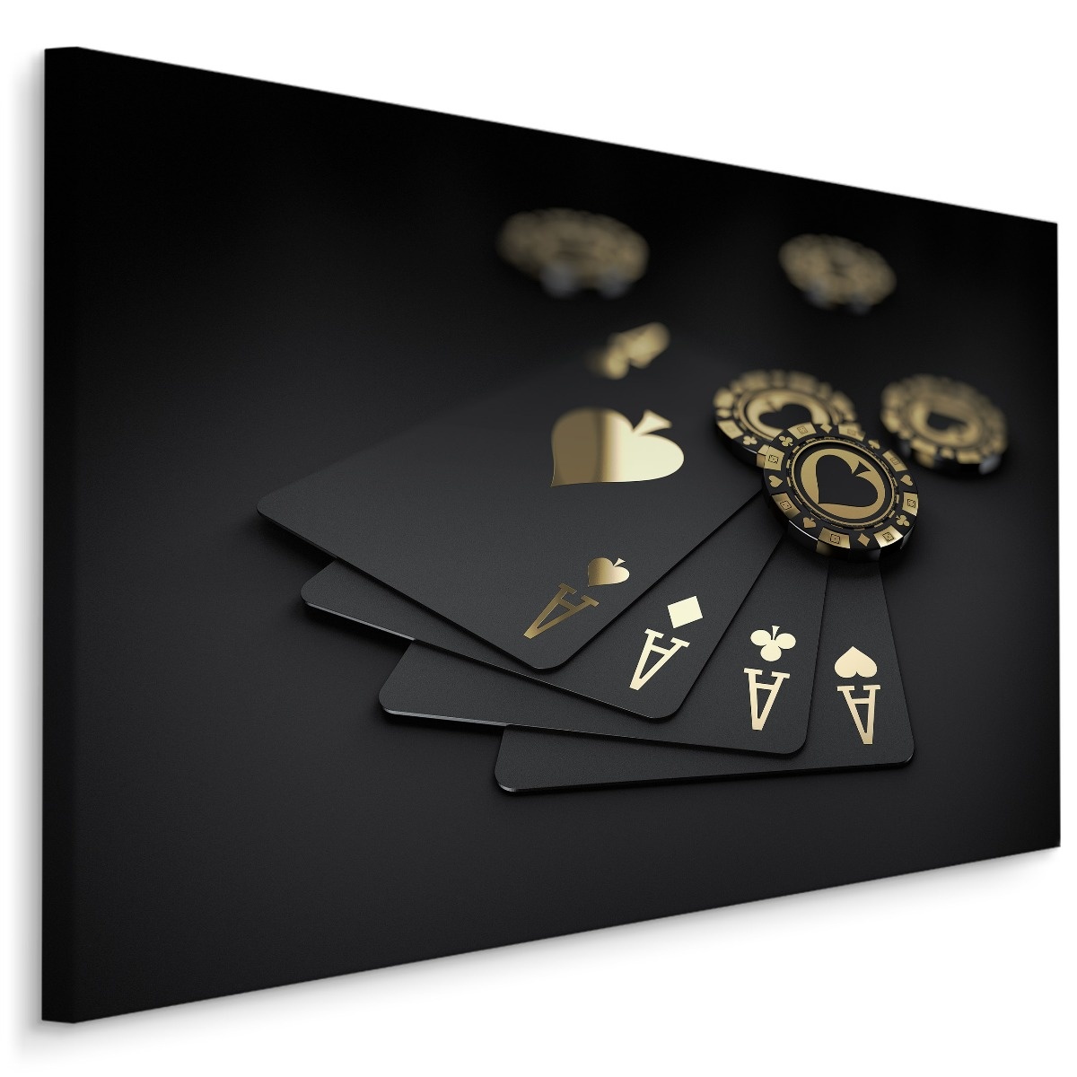 Schilderij - Zwart gouden speelkaarten en fiches, premium print afbeelding