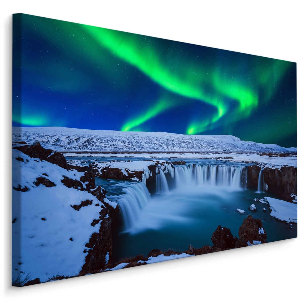 Schilderij - Noorderlicht boven waterval, premium print afbeelding