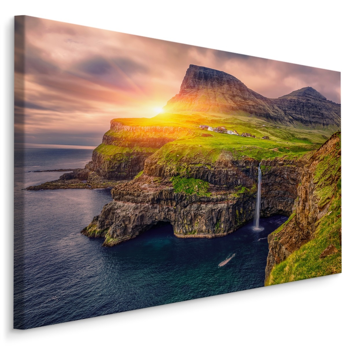Schilderij - Zonsondergang aan de kust, premium print afbeelding