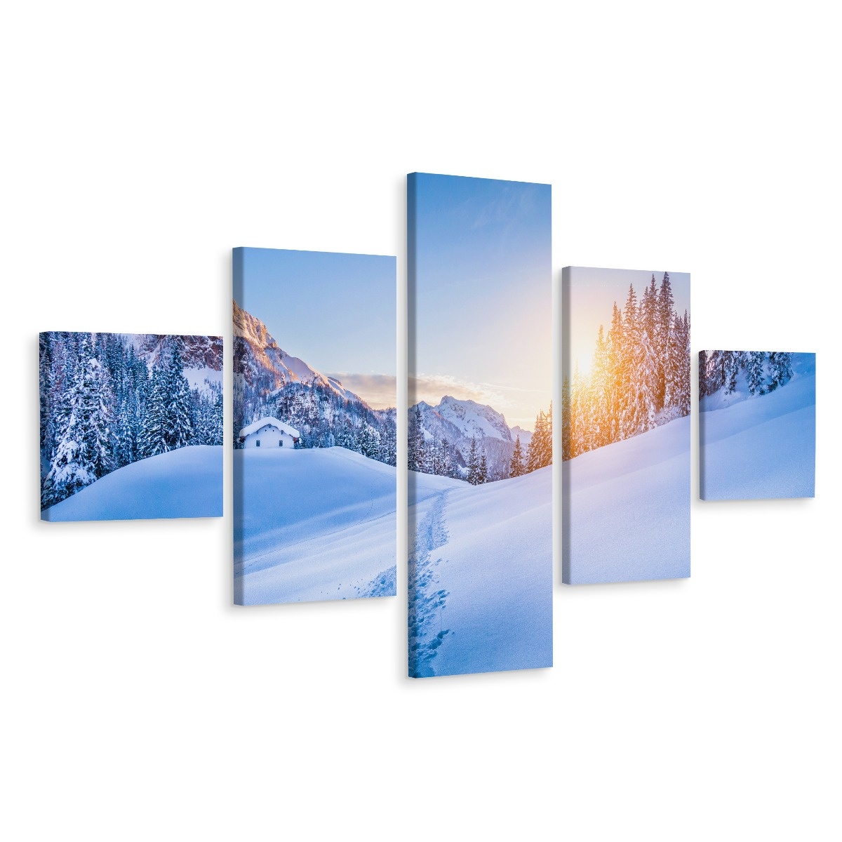 Schilderij - Sneeuw in de Alpen, 5luik, premium print afbeelding