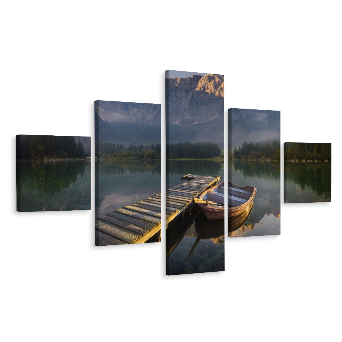 Schilderij - Steiger met bootje, 5luik, premium print afbeelding