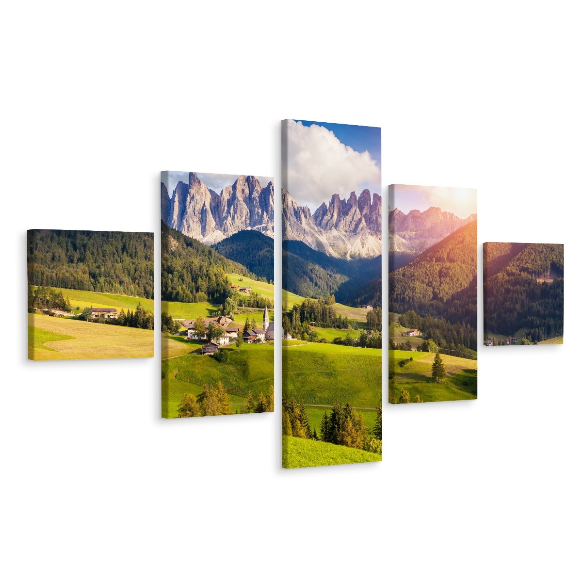 Schilderij - Zonnige dag in de bergen, 5luik, premium print afbeelding