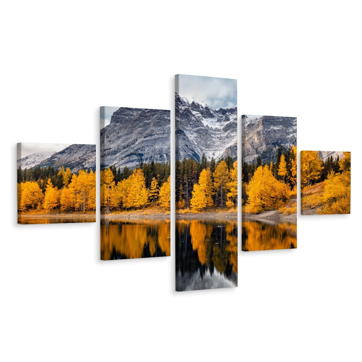 Schilderij - Herfst in de bergen, 5luik, premium print afbeelding
