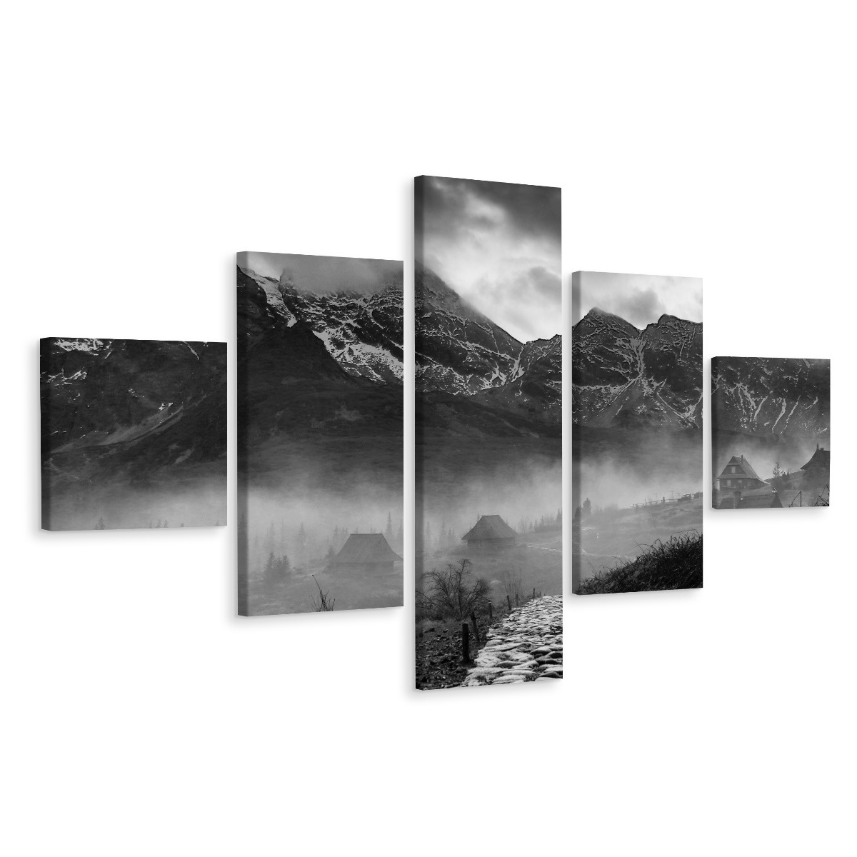 Schilderij - Bergen in zwart-wit, 5luik, premium print afbeelding
