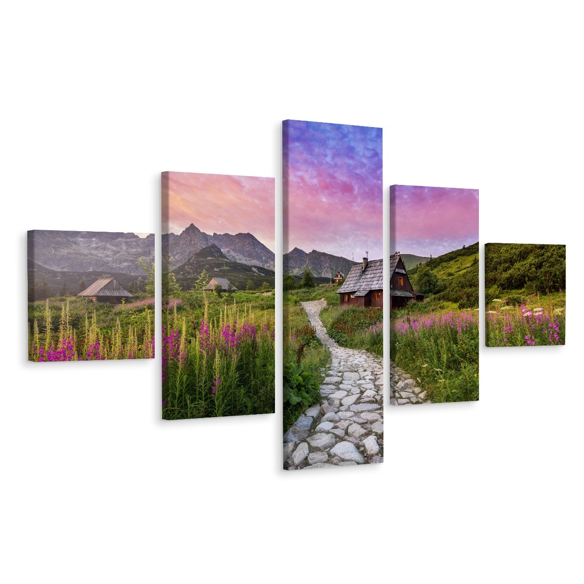 Schilderij - Huisje op de weide, 5luik, premium print afbeelding