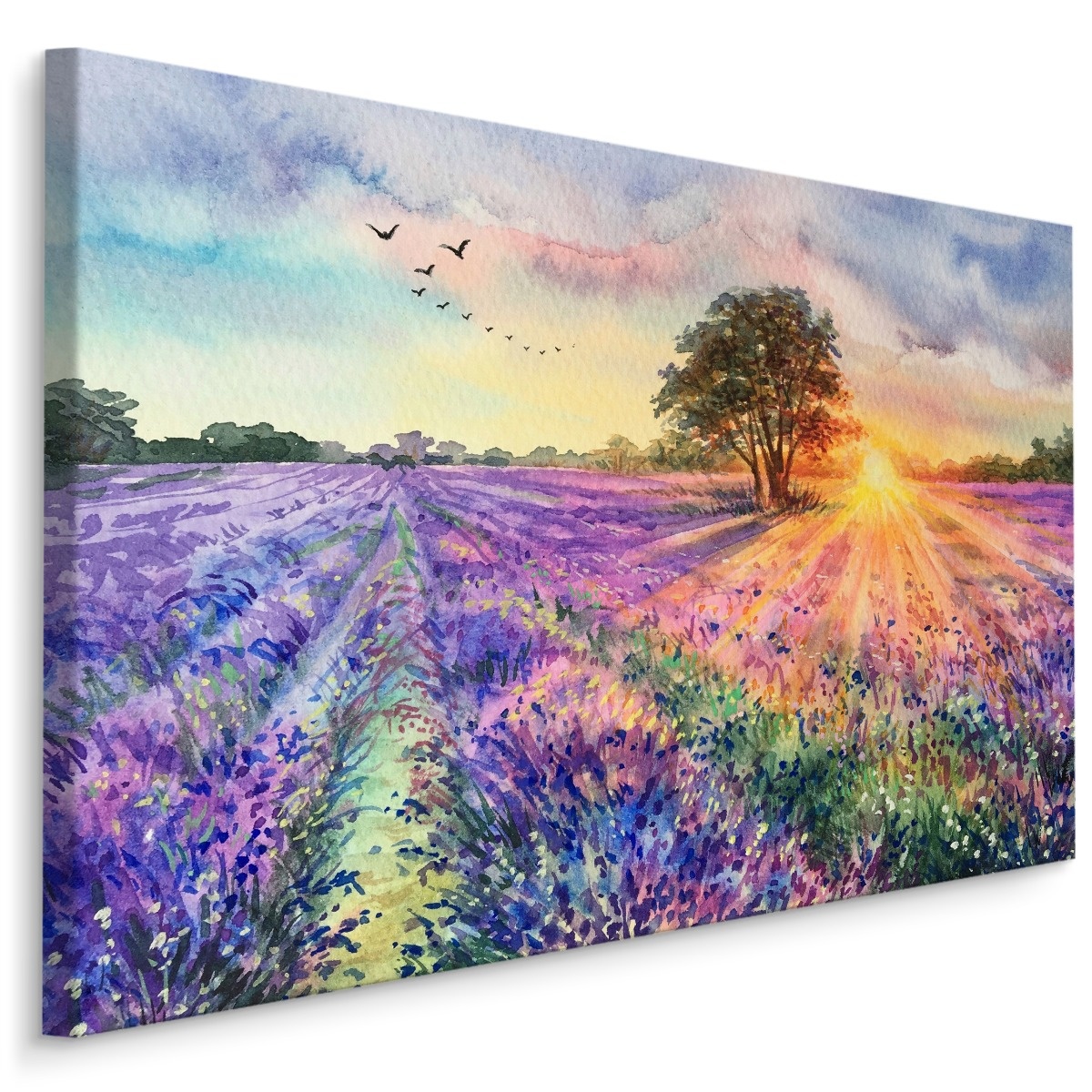 Schilderij - Geschilderd lavendelveld (print op canvas), premium print