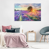 Schilderij - Geschilderd lavendelveld (print op canvas), premium print