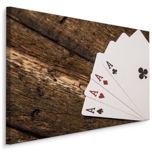 Schilderij - Speelkaarten op houten tafel, premium print