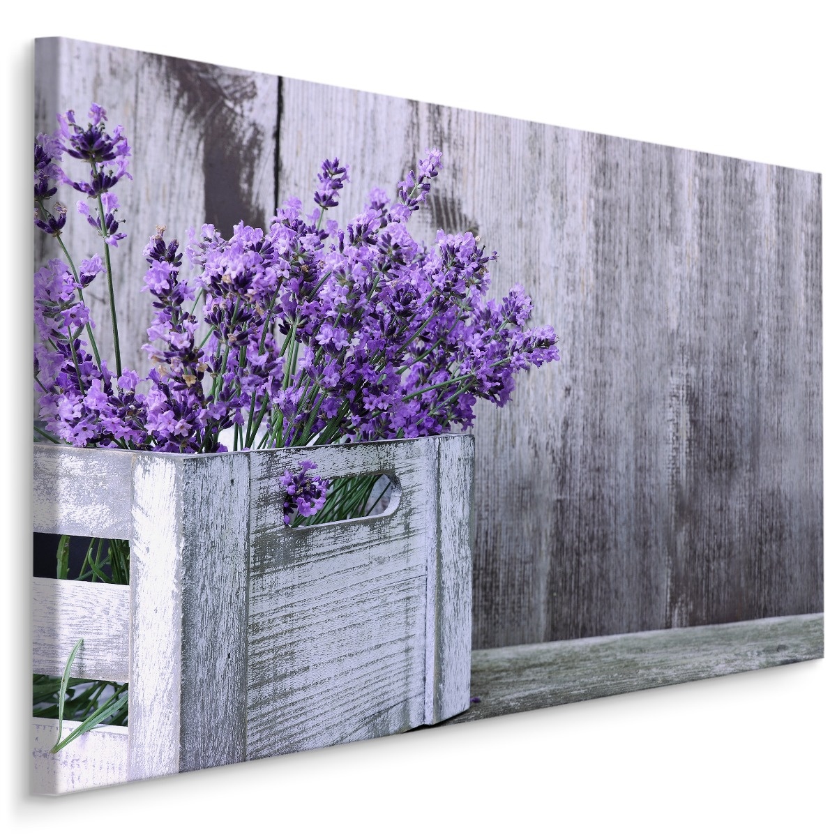 Schilderij - Lavendel in houten kist, premium print afbeelding
