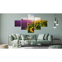 Schilderij - Lavendel en zonnebloem, 5luik, premium print