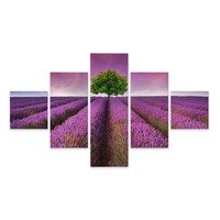 Schilderij - Boom in een lavendelveld, 5luik, premium print