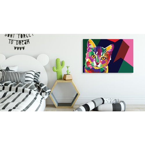 Schilderij - Kleurrijke Kat, Multikleur, Premium Print op Canvas