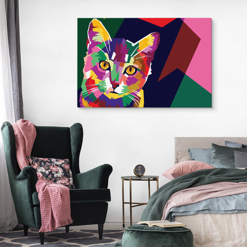 Schilderij - Kleurrijke Kat, Multikleur, Premium Print op Canvas