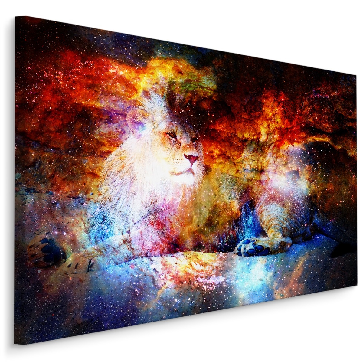Schilderij - Leeuw in explosie van Kleuren, Premium Print op Canvas afbeelding