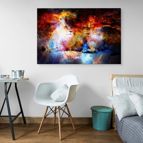 Schilderij - Leeuw in explosie van Kleuren, Premium Print op Canvas