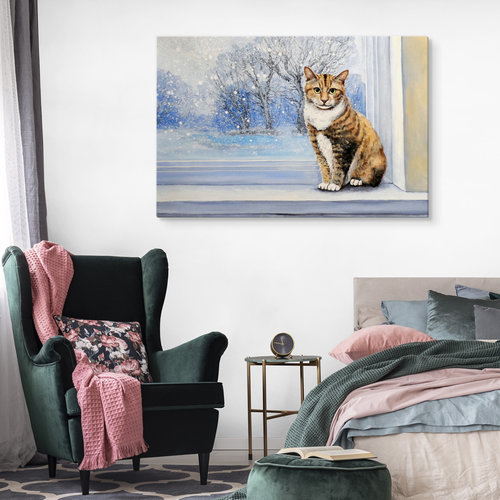 Schilderij - Kat in Winterse omstandigheden, Premium Print