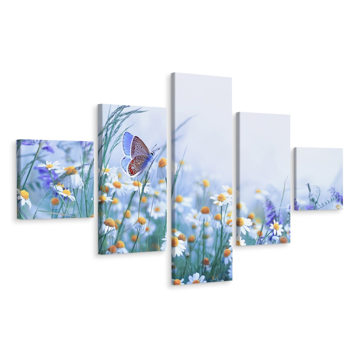 Schilderij - Vlinder en bloemen, 5luik, premium print afbeelding