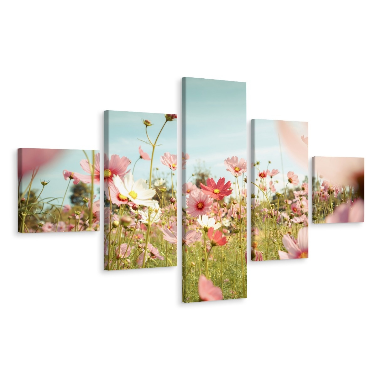 Schilderij - Bloemenveld, 5luik, premium print afbeelding