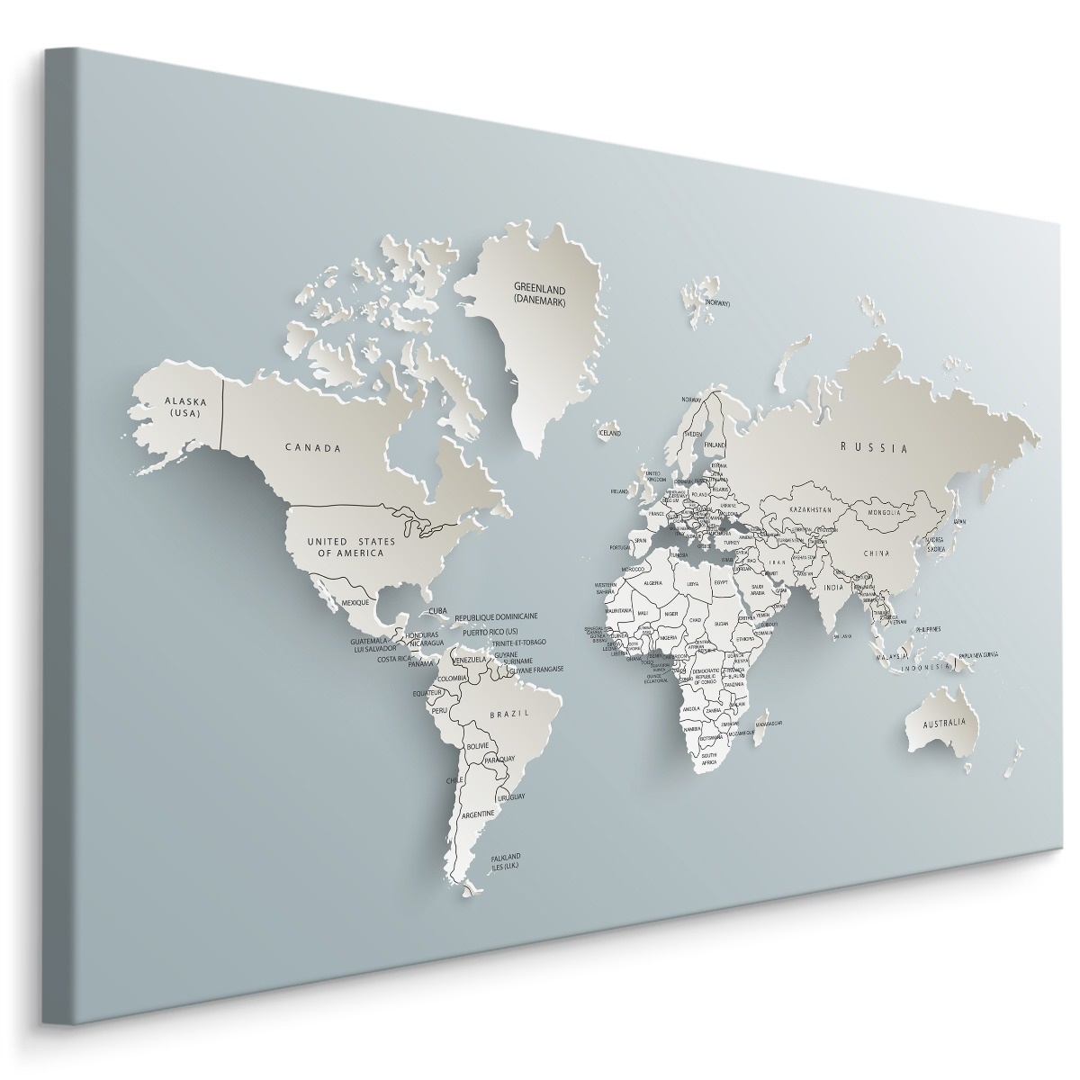 Schilderij - Wereldkaart met een 3D effect, Premium Print op Canvas afbeelding