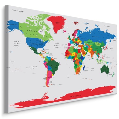 Schilderij - Kleurrijke Wereldkaart met Landennamen, premium Print