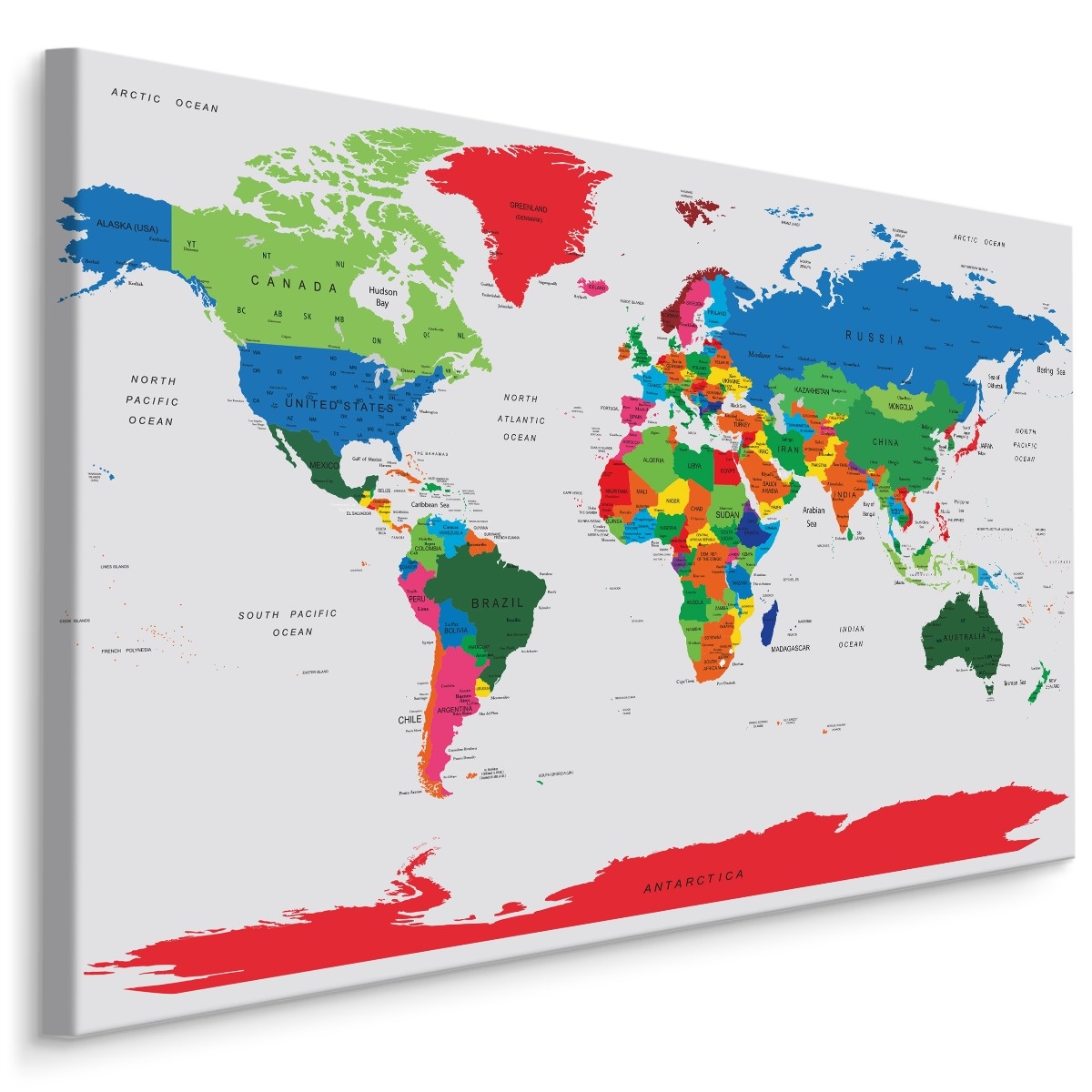 Schilderij - Kleurrijke Wereldkaart met Landennamen, premium Print afbeelding