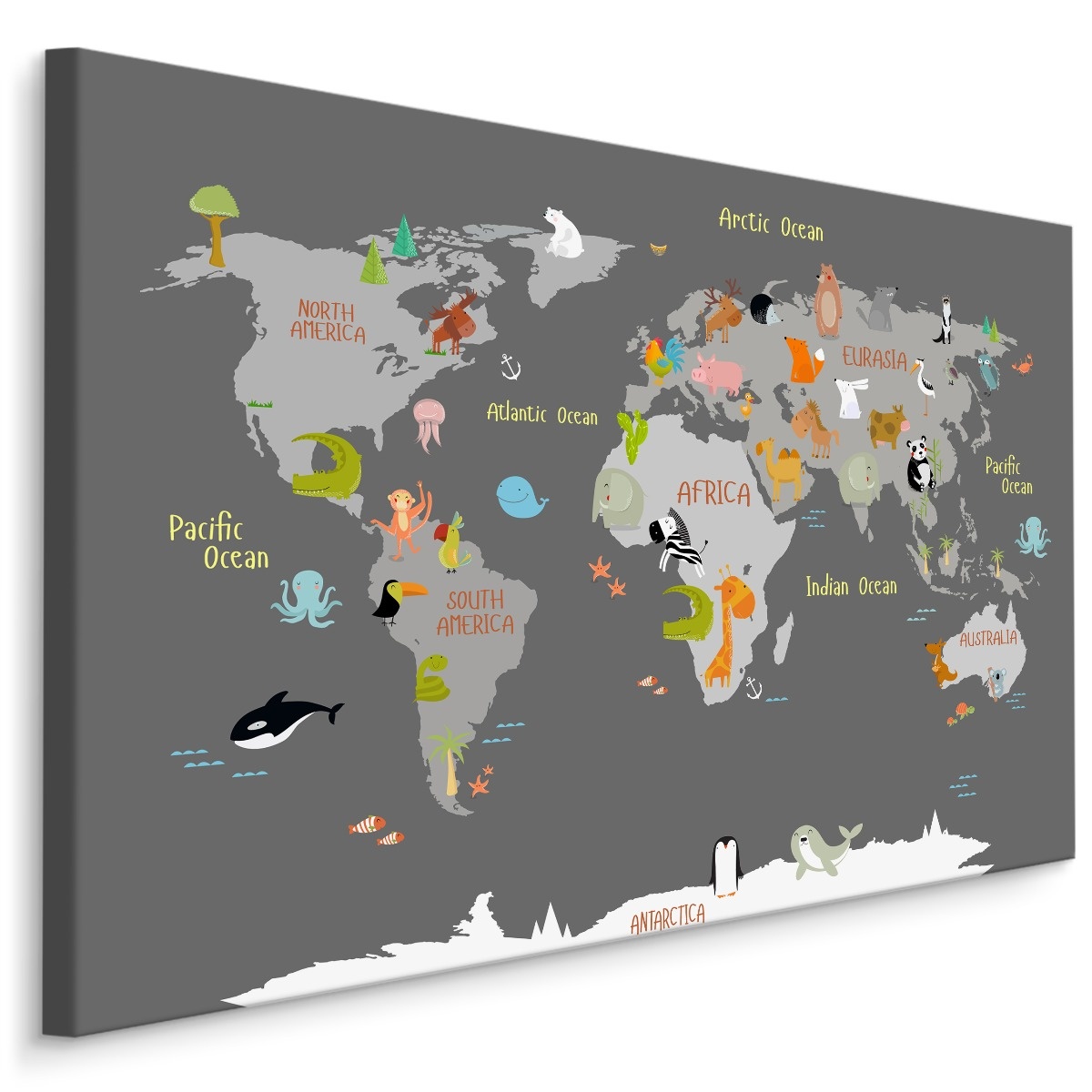 Schilderij - Wereldkaart met Dieren, Kinderkamer, Premium Print afbeelding