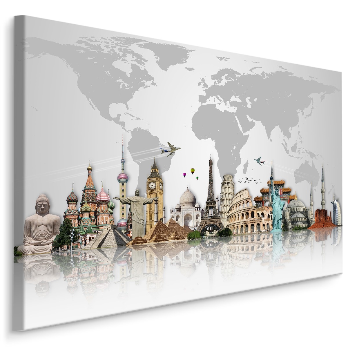 Schilderij - Wereldkaart met beroemde Bouwwerken, Premium Print
