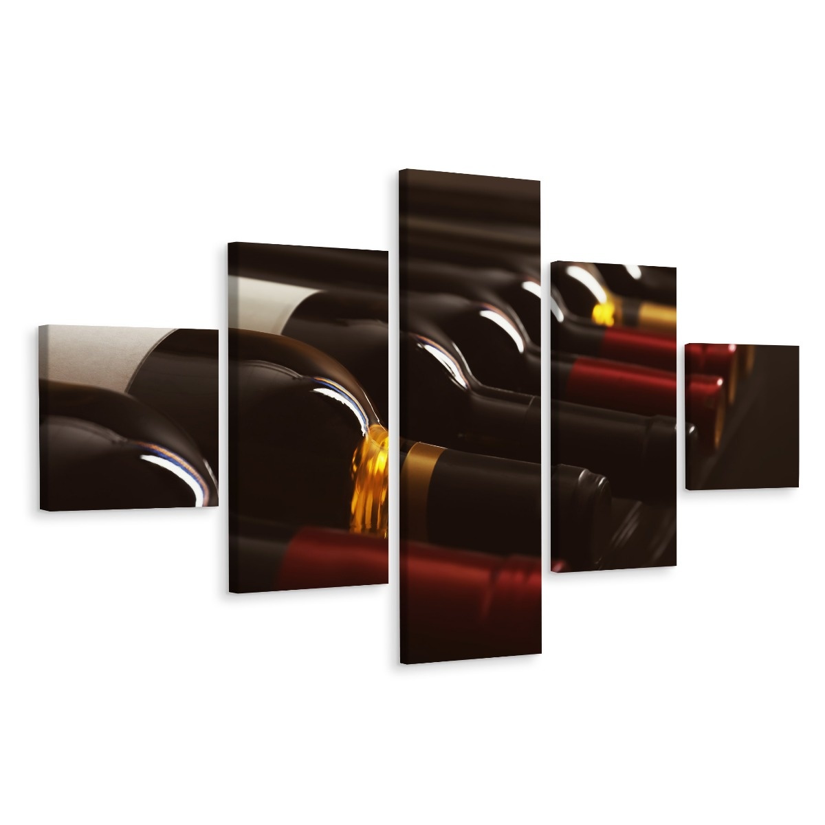 Schilderij - Wijnflessen, 5luik, premium print afbeelding