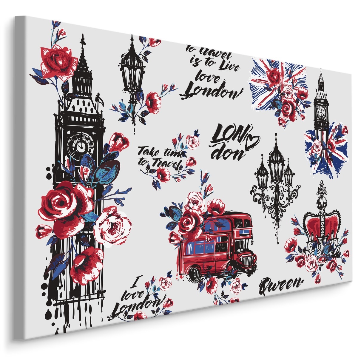 Schilderij - Symbolen van Londen met Bloemen, Premium Print afbeelding