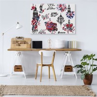 Schilderij - Symbolen van Londen met Bloemen, Premium Print