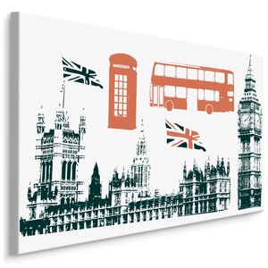 Schilderij - Toeristisch attracties in Londen, zwart/wit/rood, Premium Print