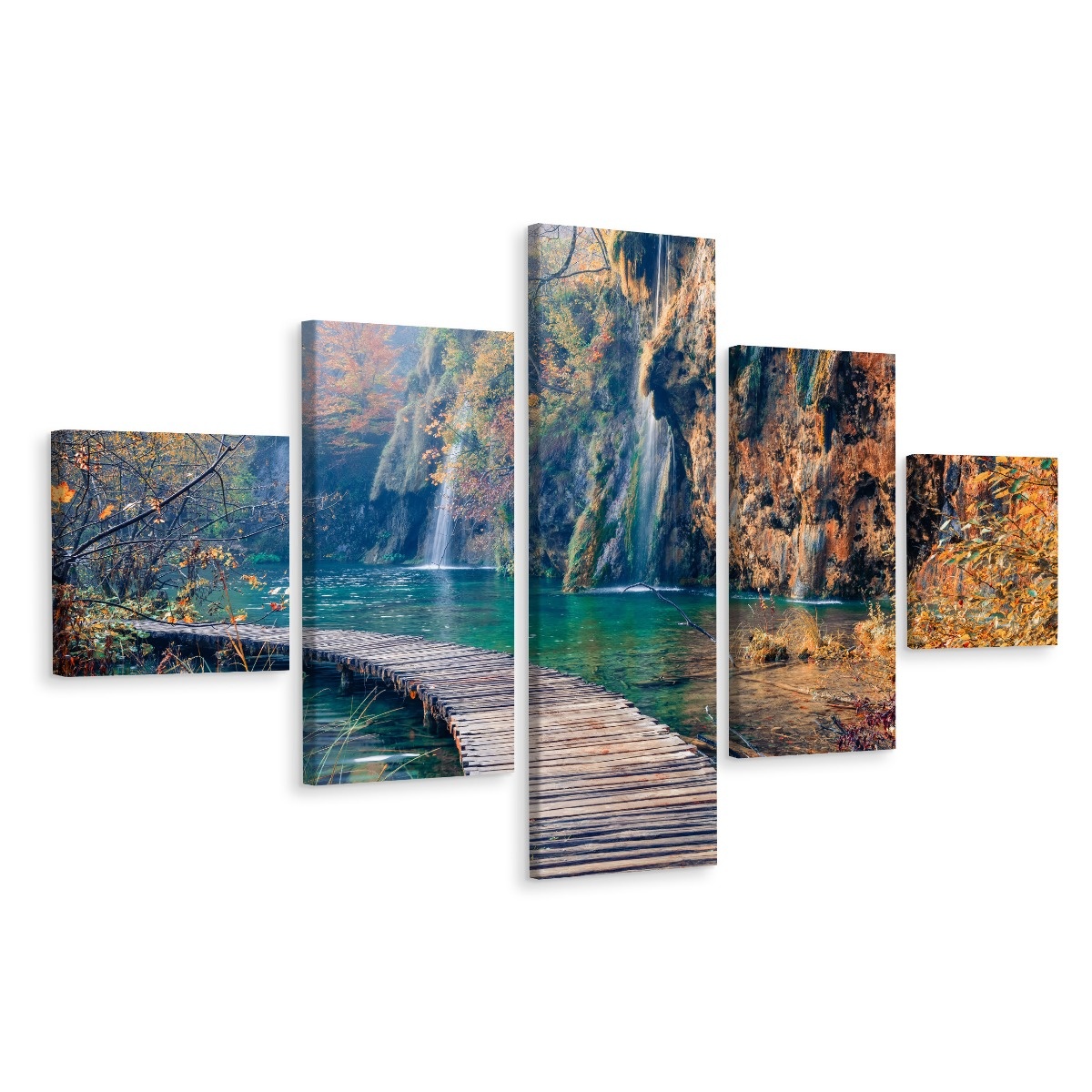 Schilderij - Pad langs waterval , 5luik, premium print afbeelding