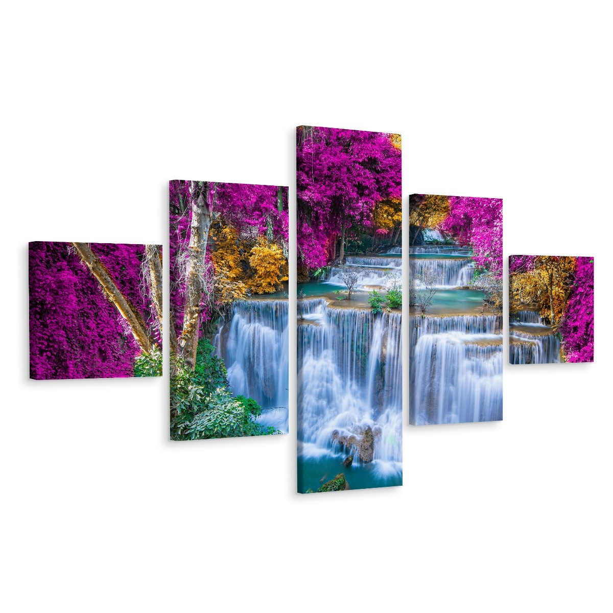 Schilderij - Waterval en paarse bomen, 5luik, premium print afbeelding 1