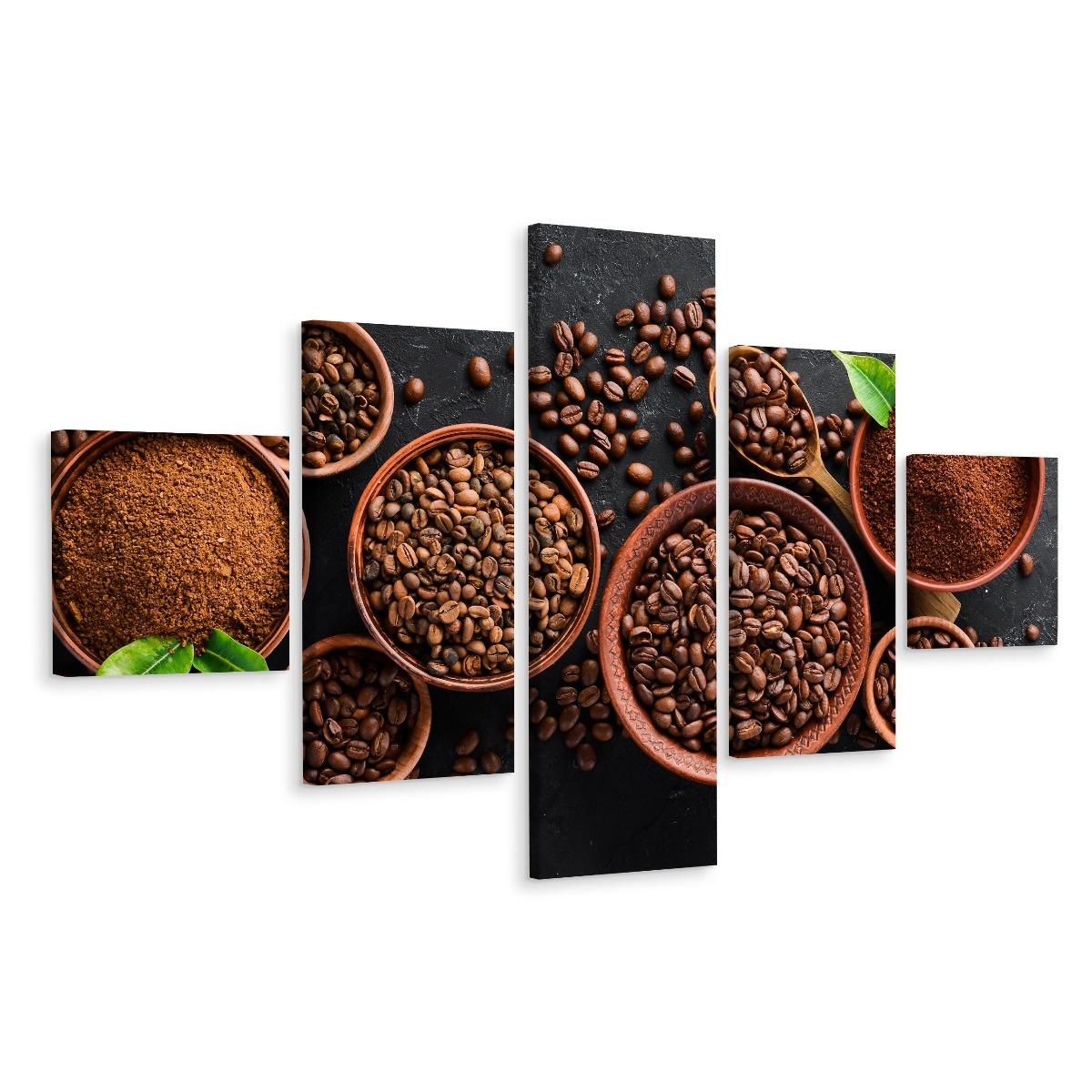 Schilderij - Gemalen koffie en bonen, 5luik, Premium print afbeelding