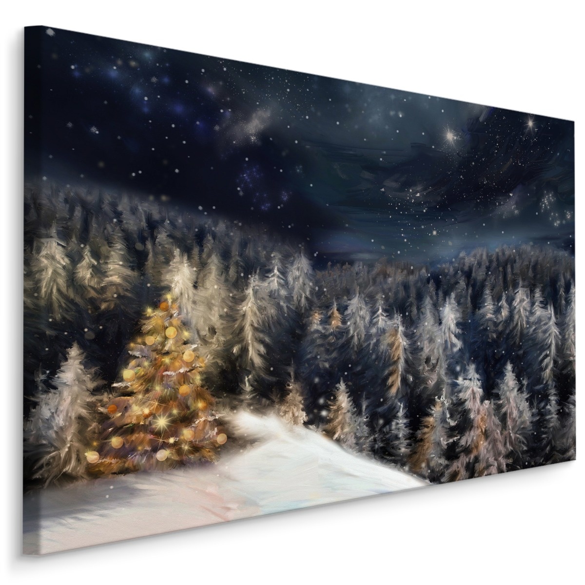 Schilderij - Bos in de Winter bij nacht, Premium Print afbeelding