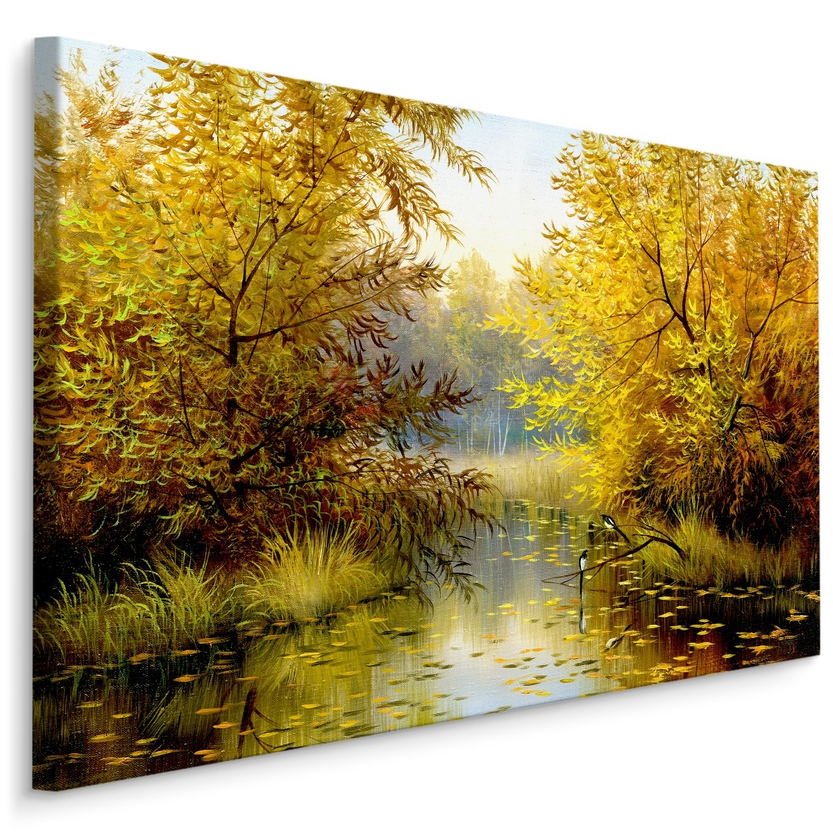 Schilderij - Rivier door het Bos, Herfst, Premium Print op Canvas