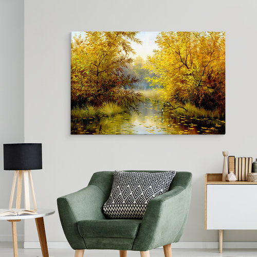 Schilderij - Rivier door het Bos, Herfst, Premium Print op Canvas