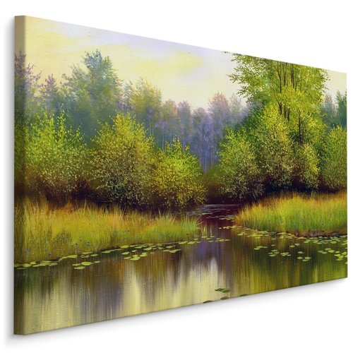 Schilderij - Bos in de Lente, Rivier, groen, Premium Print