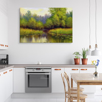 Schilderij - Bos in de Lente, Rivier, groen, Premium Print