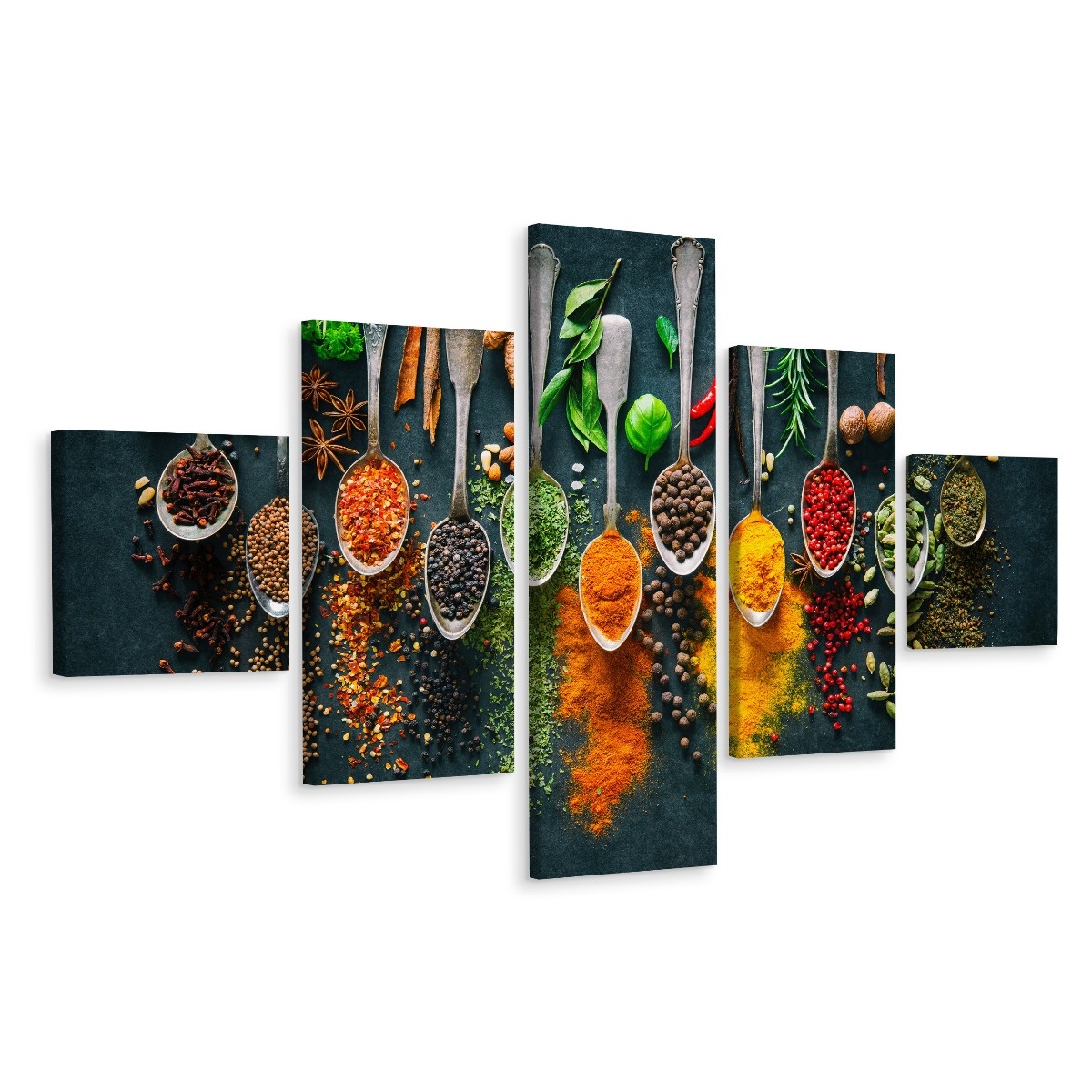 Schilderij - Kruiden en specerijen op lepen, 5luik, Premium print
