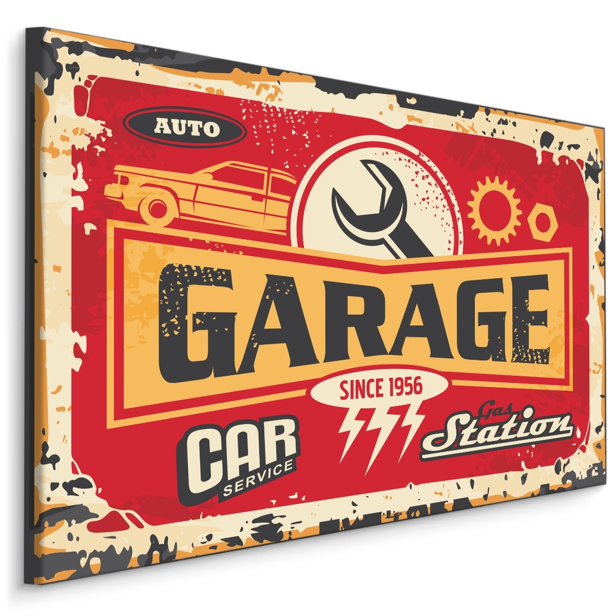 Schilderij - Garage, Reclamebord, Premium Print op Canvas afbeelding