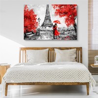 Schilderij - Romantiek bij de Eiffeltoren, zwart, wit, rood, premium Print