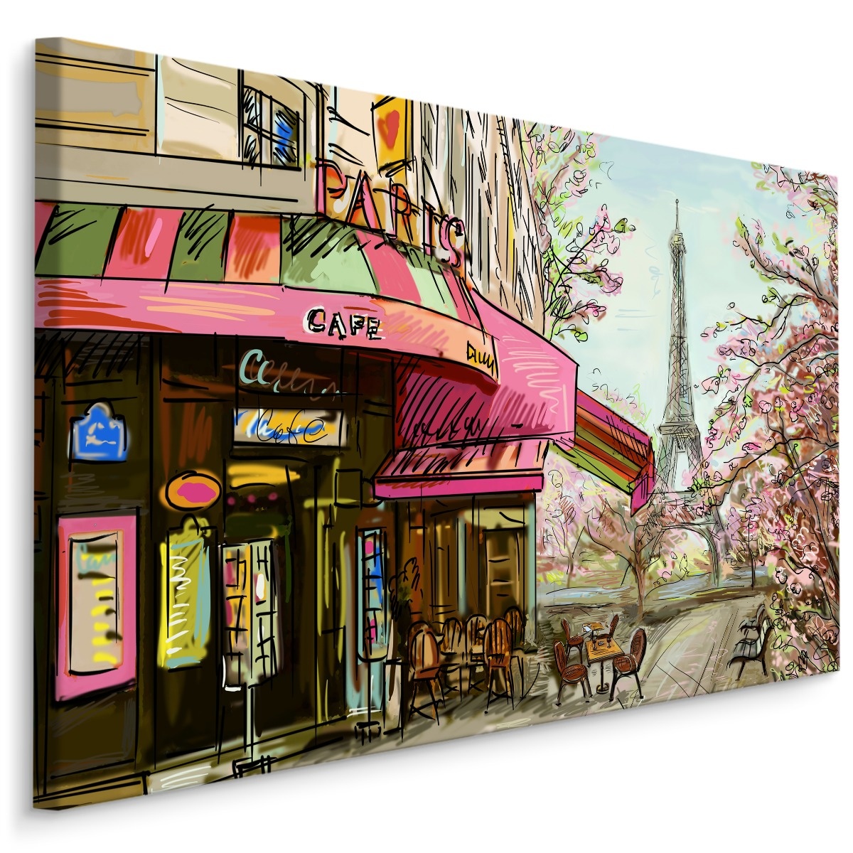 Schilderij - Tekening van Café in Parijs, Print op Canvas afbeelding