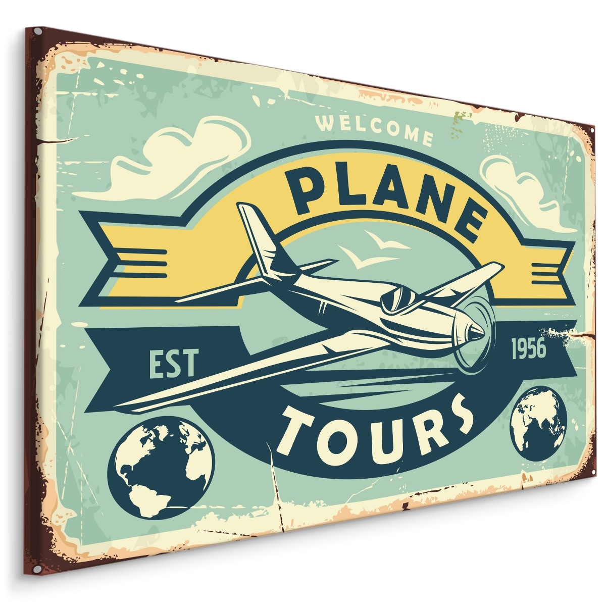 Schilderij - Plane Tours, Reclame Bord, Premium Print op Canvas afbeelding