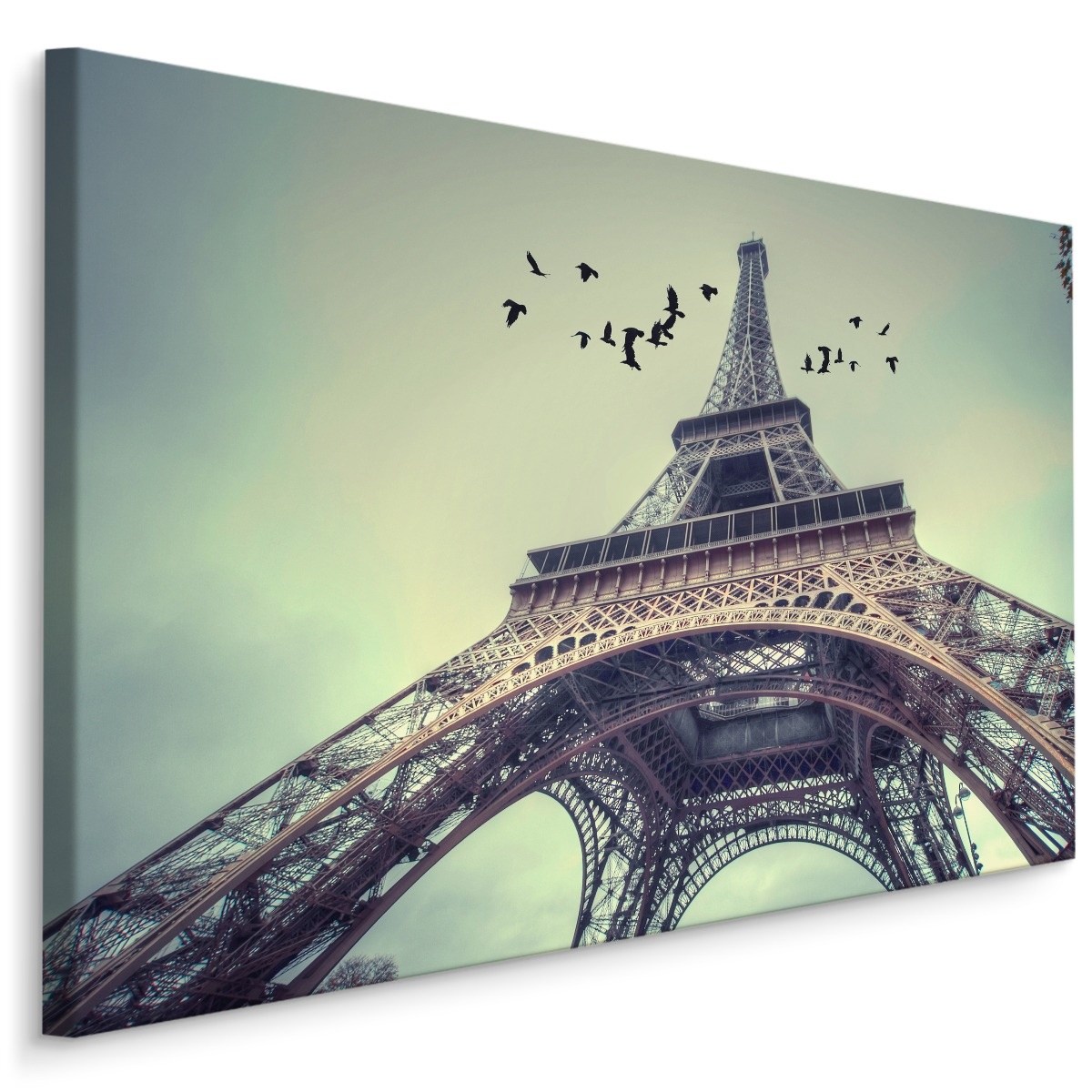 Schilderij - Zicht op de Eiffel Toren van de grond, Parijs, Premium Print afbeelding